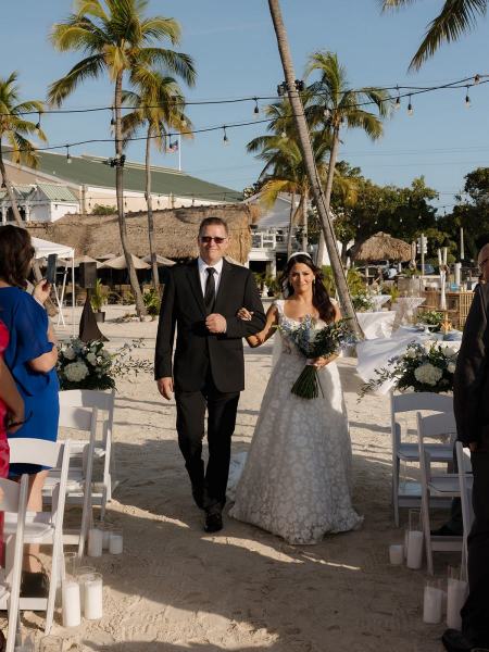 Bride walking down aisle at Islamorada Fish Company Florida Keys