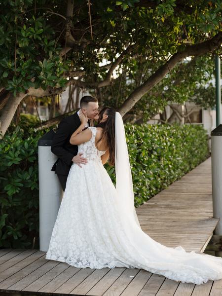 Bride and groom outside at Islamorada Fish Company Florida Keys
