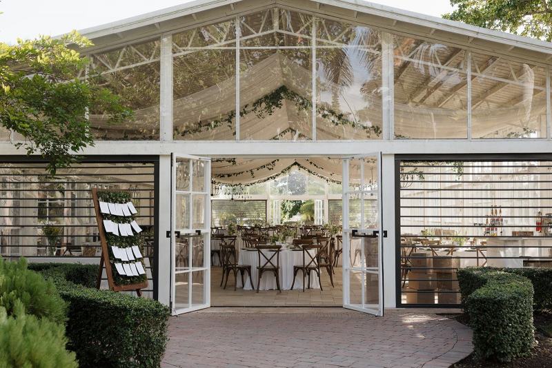 Exterior view of Cinco Farms Miami reception space decorated for wedding