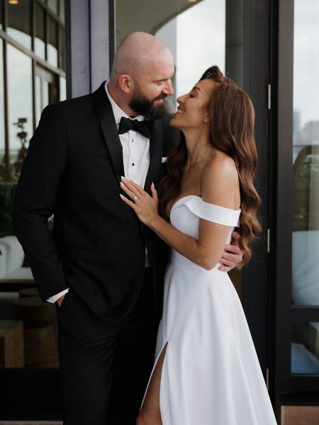 Romantic portrait of bride and groom under natural light at The Ben Autograph Collection Hotel Palm Beach